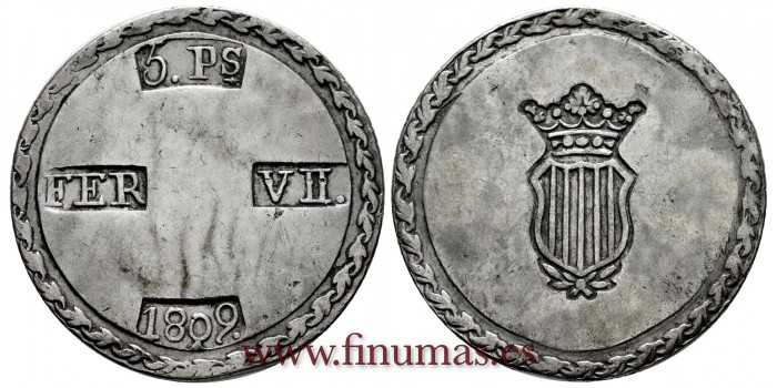 Cy14946v.- Ferdinand VII 5 Pesetas 1809 Tarragona. Variant.  EBC-