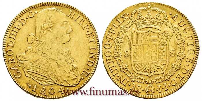 Cy13739.- CARLOS IV  8 Escudos 1804 Nuevo Reino J.J. MBC+ Oro