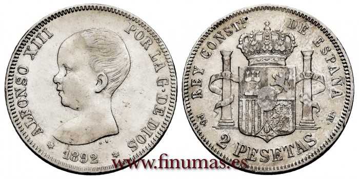 Cy16690f.- ALFONSO XIII 2 Peseta 1892 (18-92) PGM- MBC+