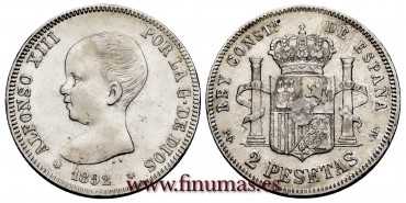 Cy16690f.- ALFONSO XIII 2 Peseta 1892 (18-92) PGM- MBC+