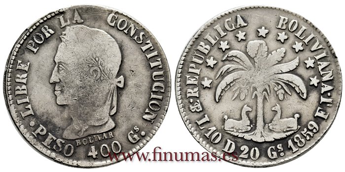 BOLIVIA - K-138-3 - 8 Soles 1859 PTS. Peso 400 gs - MBC