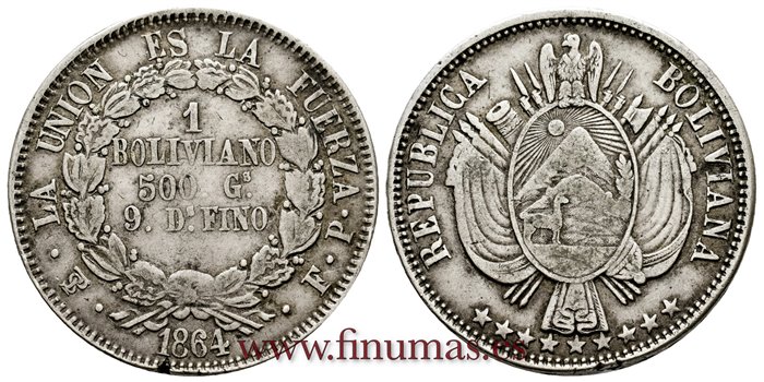  BOLIVIA - K-152-1 - 8 Soles 1864 PTS. FP - MBC+  