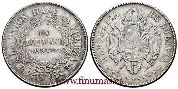  BOLIVIA - K-155 - 1 Boliviano 1870 Pts. ER. 11 estrellas - EBC-   