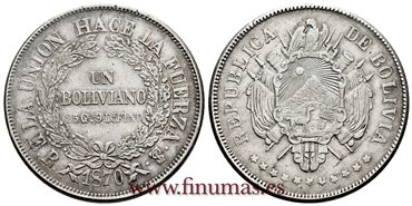  BOLIVIA - K-155 - 1 Boliviano 1870 Pts. ER. 11 estrellas - EBC-   