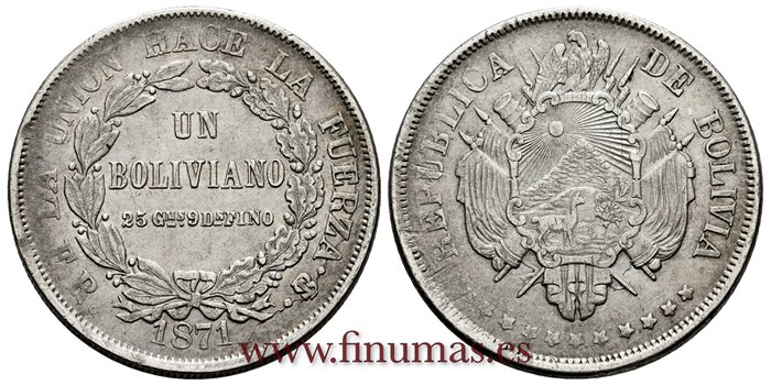 BOLIVIA - K-155 - 1 Boliviano 1871 Pts. ER. 11 estrellas - MBC+   