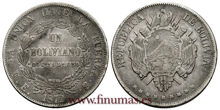 BOLIVIA - K-160-1 - 1 Boliviano 1871 Pts. FE. 9 estrellas - MBC   