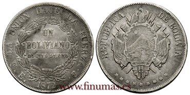 BOLIVIA - K-160-1 - 1 Boliviano 1871 Pts. FE. 9 estrellas - MBC   