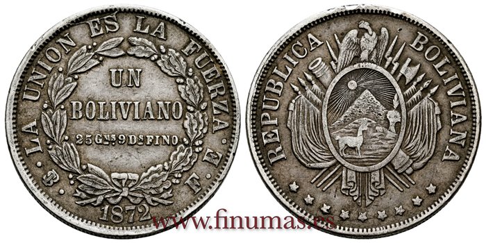  BOLIVIA - K-160-1 - 1 Boliviano 1872 Pts. FE. 9 estrellas - MBC+  