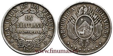  BOLIVIA - K-160-1 - 1 Boliviano 1872 Pts. FE. 9 estrellas - MBC+  