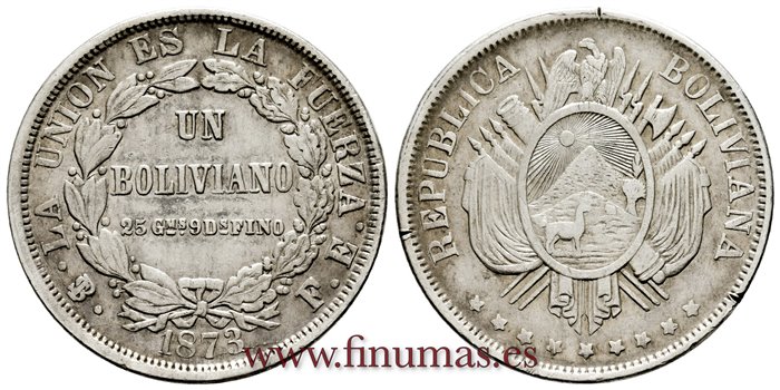  BOLIVIA - K-160-1 - 1 Boliviano 1873 Pts. FE - MBC  