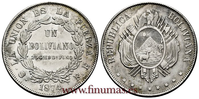  BOLIVIA - K-160-2 - 1 Boliviano 1874 Pts. FE - EBC  