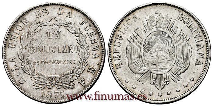  BOLIVIA - K-160-2 - 1 Boliviano 1875 Pts. FE - EBC  
