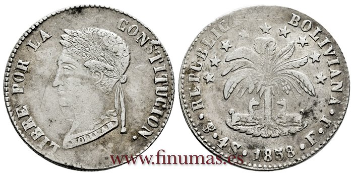  BOLIVIA - K-123-3 - 4 Soles 1858 Pts. FJ - MBC