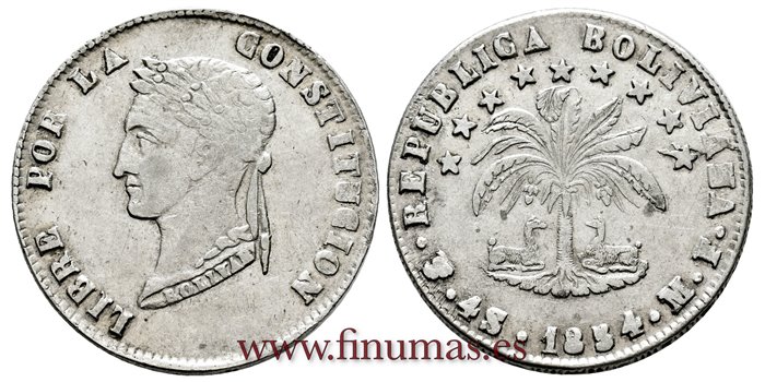  BOLIVIA - K-123-2 - 4 Soles 1854 Pts. MF - MBC+/EBC-