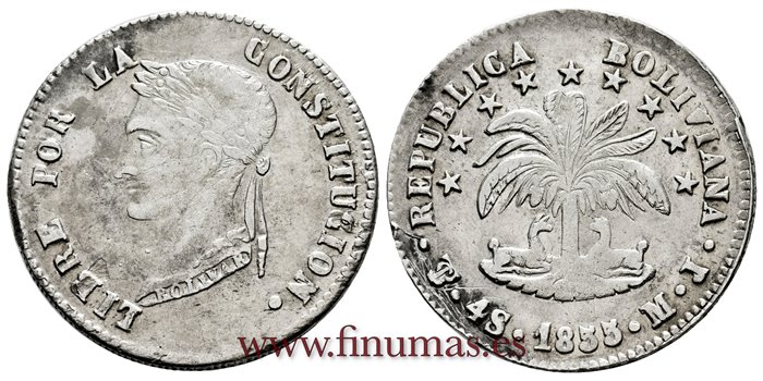  BOLIVIA - K-123-2 - 4 Soles 1855 Pts. MJ - MBC+/EBC-