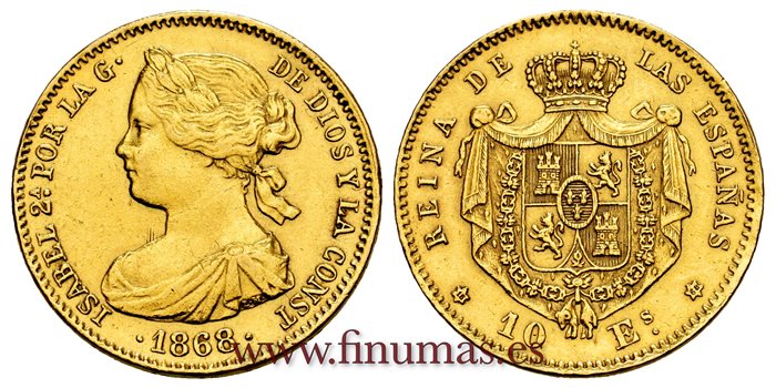 Cy16493.-ISABEL II -  10 Escudos 1868 (18-68) Madrid - EBC-