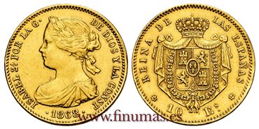 Cy16493.-ISABEL II -  10 Escudos 1868 (18-68) Madrid - EBC-
