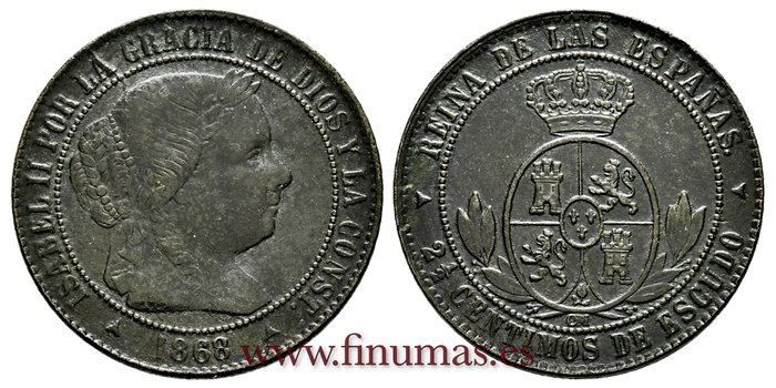 Cy15797.-ISABEL II - 2 1/2 Centimo de escudo 1868 Jubia OM- MBC+