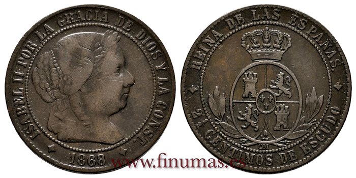 Cy15797.-ISABEL II - 2 1/2 Centimo de escudo 1868 Jubia OM- MBC+
