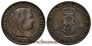 Cy15797.-ISABEL II - 2 1/2 Centimo de escudo 1868 Jubia OM- MBC+