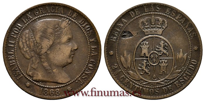 Cy15800.-ISABEL II - 2 1/2 Centimo de escudo 1868 Sevilla OM- MBC