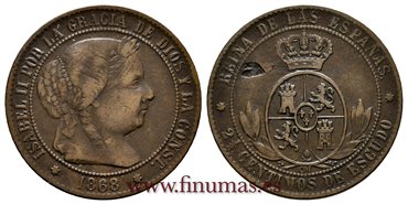 Cy15800.-ISABEL II - 2 1/2 Centimo de escudo 1868 Sevilla OM- MBC