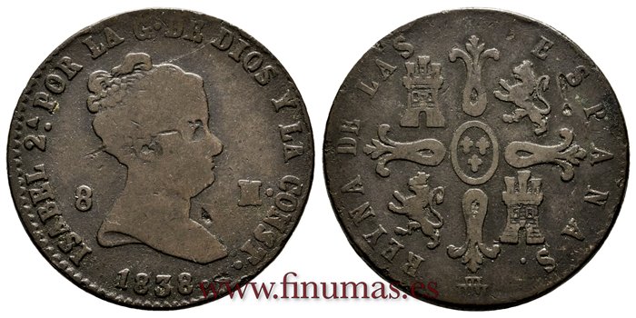 Cy15814.-ISABEL II - 8 Maravedis 1838 Segovia - BC+