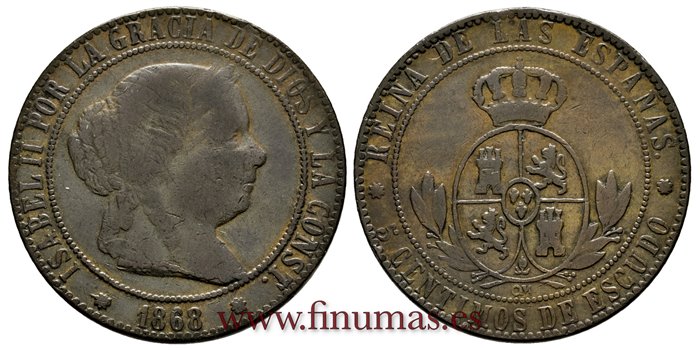 Cy15882.-ISABEL II - 5 Centimos de Escudo 1868 Barcelona OM - MBC