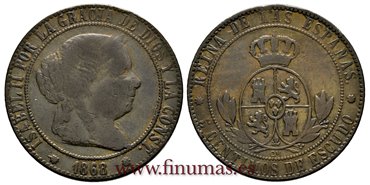 Cy15882.-ISABEL II - 5 Centimos de Escudo 1868 Barcelona OM - MBC