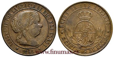 Cy15882A.-ISABEL II - 5 Centimos de Escudo 1868 Barcelona OM - MBC