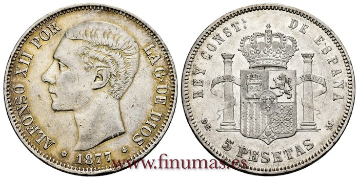 Cy16572F.- ALFONSO XII 5 Pesetas 1877 DEM (18,77) -  MBC+