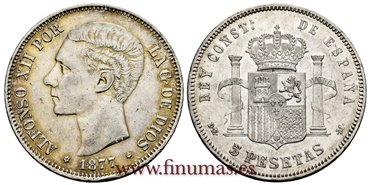 Cy16572F.- ALFONSO XII 5 Pesetas 1877 DEM (18,77) -  MBC+