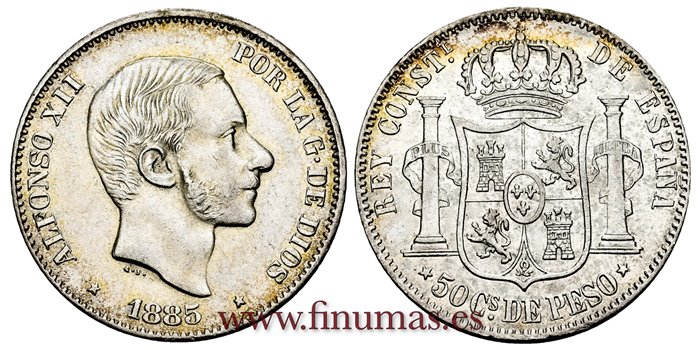 Cy16635H.- ALFONSO XII 50 Centimo de Peso Manila 1883 - EBC/EBC+