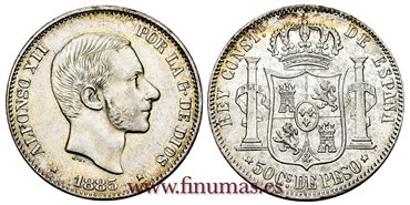 Cy16635H.- ALFONSO XII 50 Centimo de Peso Manila 1883 - EBC/EBC+
