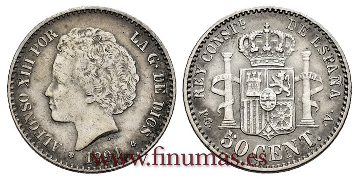 Cy16663E.- ALFONSO XIII 50 Centimos 1894 PGV (9-4)- MBC 