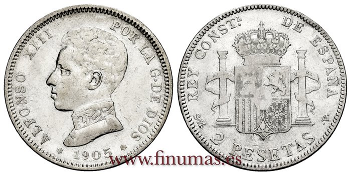 Cy16692F.- ALFONSO XIII 2 Pesetas 1905 SMV (19 --) - MBC+ 