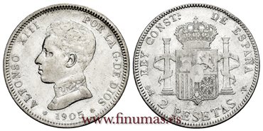 Cy16692F.- ALFONSO XIII 2 Pesetas 1905 SMV (19 --) - MBC+ 