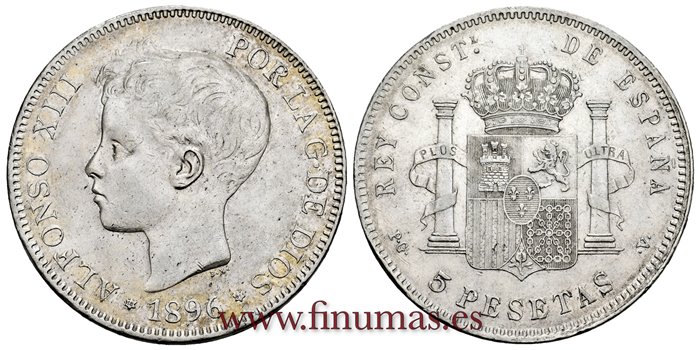 Cy16705H.- ALFONSO XIII 5 Pesetas 1896 PGV (18-96) - EBC 