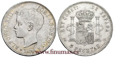Cy16705H.- ALFONSO XIII 5 Pesetas 1896 PGV (18-96) - EBC 