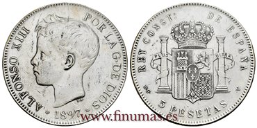 Cy16706F.- ALFONSO XIII 5 Pesetas 1897 SGV (18-97) - MBC+ 