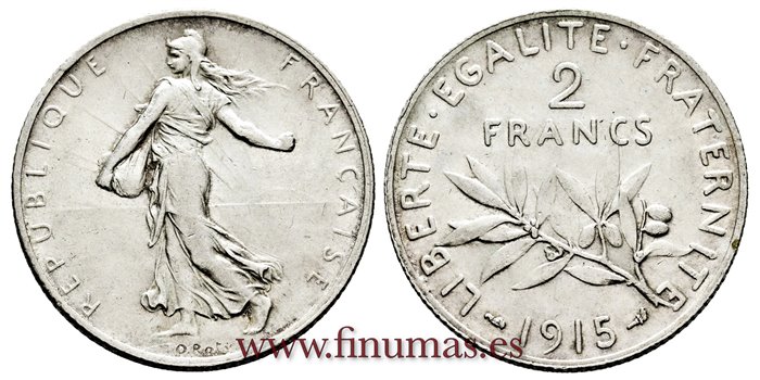 FRANCIA - K-845 - 2 Francos 1915 - MBC+