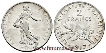 FRANCIA - K-845 - 2 Francos 1917 - MBC+