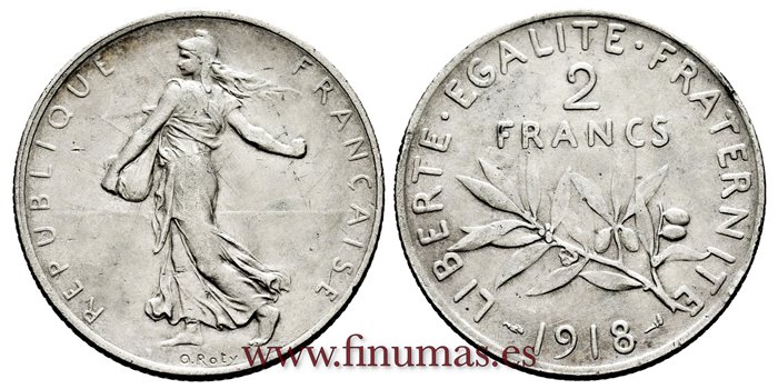 FRANCIA - K-845 - 2 Francos 1918 - MBC+