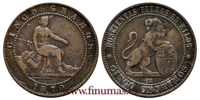 Cy16500e.-G.P Y I REPUBLICA  - 5 Centimos 1870 DM .- MBC