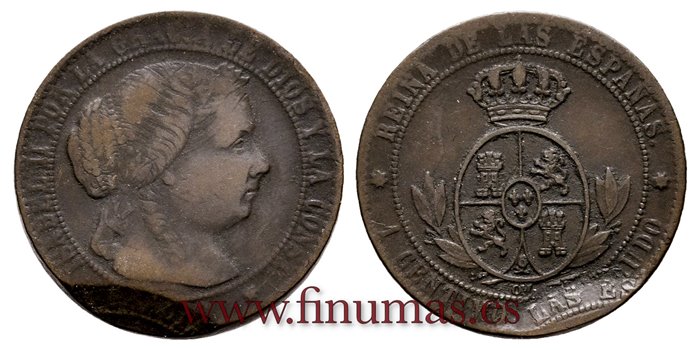 Cy15719V.- ISABEL II - 1 Centimo de escudo Doble acuñacion- MBC