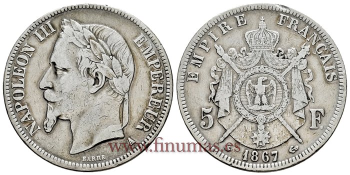 FRANCIA - K-0799 - 5 Francos 1867A - MBC-