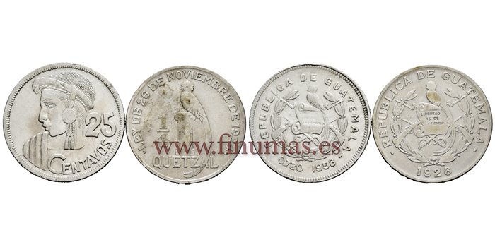 GUATEMALA.- K-243 -  1/4 Quetzal 1926 Y 1958. 2 Piezas. MBC