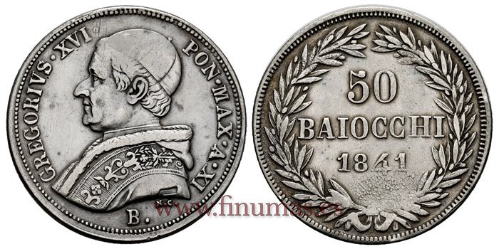 ESTADOS PAPALES - K-1323 - 50 Baiocchi 1841 - MBC, XI-R