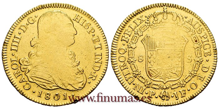 Cy13715.- CARLOS IV 8 ESCUDOS 1801 POPAYÁN J.F. - BC. ORO.