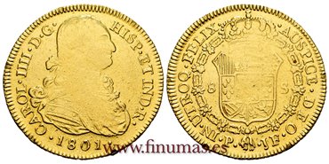 Cy13715.- CARLOS IV 8 ESCUDOS 1801 POPAYÁN J.F. - BC. ORO.